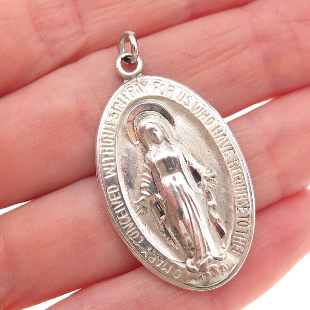 925 Sterling Silver Vintage St. Mary Miraculous Religious Charm Pendant